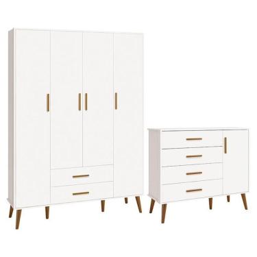 Imagem de Jogo De Quarto Infantil Isis Guarda Roupa 4 Portas E Cômoda 1 Porta Branco - Reller Móveis Branco