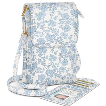 Imagem de Miss Adola Bolsa transversal para celular feminina - linda carteira para celular bolsa transversal de couro para meninas e mulheres com compartimento para cartão e ombro ajustável, flor azul