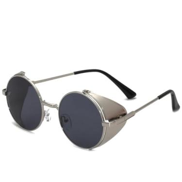 Imagem de JRLLFD Óculos de sol redondos cyberpunk com revestimento de metal, luxuosos, clássicos, masculinos, para dirigir ao ar livre, UV400 (cinza prateado)