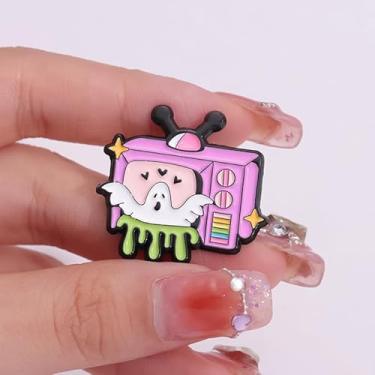 Imagem de Broche de esmalte retrô rosa para TV fantasma com geleca verde pingando adorável desenho kawaii metal lapela distintivo presente de joias para bolsas de roupas mochilas