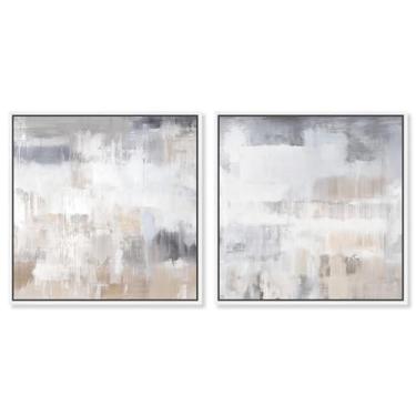Imagem de Conjunto de 2 painéis minimalistas de luxo neutro, arte de parede abstrata, impressão em tela, por Art Remedy, moldura branca, 76 x 76 cm