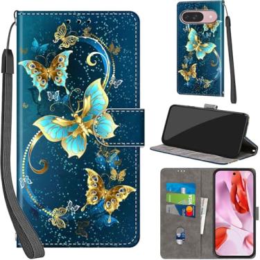 Imagem de Capa carteira para Google Pixel 9 / Pixel 9 Pro, com [3 compartimentos para cartão], fecho magnético com suporte, capa protetora de couro PU à prova de choque 16 cm, borboleta verde dourada