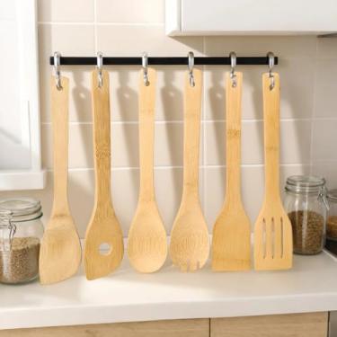 Imagem de Conjunto de utensílios de cozinha de bambu, colheres e espátulas de madeira antiaderentes seguras com cabo longo, ideal para fritar, mexer e presente de cozinha