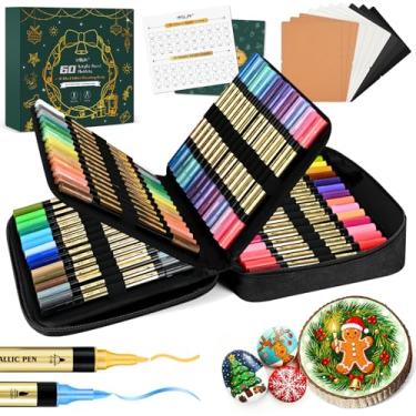 Imagem de Canetas marcadoras metálicas, 30 cores metálicas e 30 cores regulares, marcadores de tinta acrílica de ponta dupla para papel preto, scrapbooking, álbum de fotos, pintura rupestre, vidro, madeira