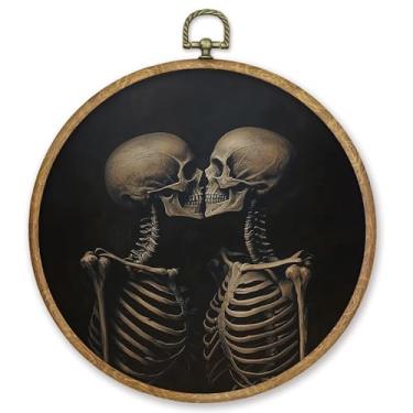 Imagem de CGBHW Decoração de arte de parede redonda de esqueleto vintage, impressões em tela assustadoras de Halloween emolduradas, arte de parede Dark Academia decoração para decoração de sala de estar, 25 x