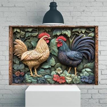 Imagem de Arte de parede em tela rústica vintage esculpida em relevo de dois galos - Pôster sem moldura de 30 x 45 cm - Ideia de presente para decoração de casa e escritório para sala de estar, quarto, cozinha