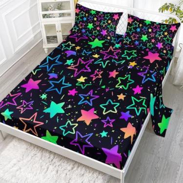 Imagem de Smell Sunshine Jogo de lençol solteiro com linhas coloridas e estrelas, 4 peças, para adolescentes, meninos, meninas, com 1 lençol de cima e 1 lençol com elástico + 2 fronhas