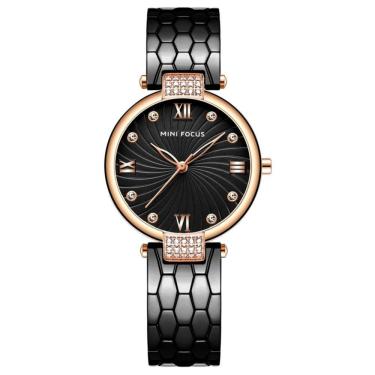 Imagem de Relógio De Quartzo Feminino Strass Embutidos Em Aço Inoxidável Impermeavel Preto