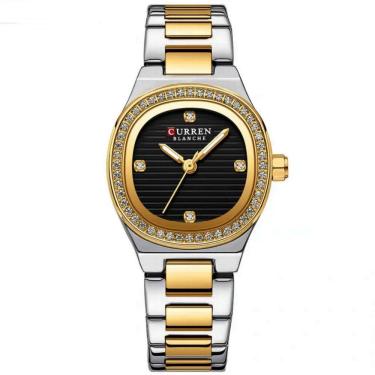 Imagem de Relógio Feminino Casual De Quartzo Com Strass Em Aço Inoxidavel Impermeavel 3atm Preto Dourado