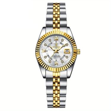 Imagem de Relógio Feminino Elegante Com Strass Em Aço Inoxidável De Quartzo Casual Branco Dourado