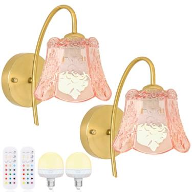 Imagem de FFVU Arandela de parede vintage com abajur de flor, luzes de parede alimentadas por bateria recarregável, lâmpada de parede com 15 cores para quarto, sala de estar, decoração de casa (rosa rosa, 2