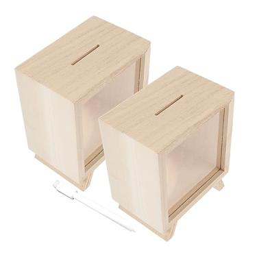 Imagem de KESYOO 2 cofrinhos de madeira para economizar dinheiro com caneta, pote de moedas texturizado suave para adultos e decoração prática de escritório em casa, aniversário e festival