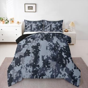 Imagem de Feelyou Conjunto de edredom infantil camuflado, tamanho Queen, casa de fazenda, de madeira, camuflagem, para quarto de crianças, meninos, meninas, decoração de caça, azul escuro, cinza, microfibra