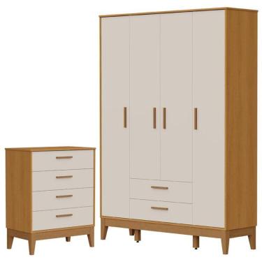 Imagem de Guarda Roupa Infantil Flip 4 Portas Com Cômoda Gaveteiro Infantil Flip Areia Acetinado Savana - Reller