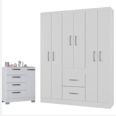 Imagem de Cômoda 868 4 Gavetas E 1 Porta Com Guarda Roupa Casal Milão 6 Portas Branco Brilho - Poquema