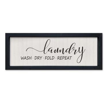Imagem de SRSZHIYUE Placa de lavanderia decoração de parede 40,6 cm × 15,6 cm regras de lavanderia lavar a seco dobrar repetir moldura de madeira para pendurar na parede (preto)