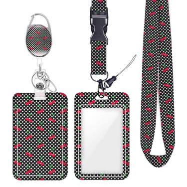 Imagem de Porta-crachás de identificação de cerejas pretas de bolinhas para crachás de identificação, chaveiro, protetor vertical, mosquetão, clipes retráteis, cordão resistente para mulheres, acessórios de