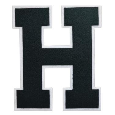Imagem de 1 Patch de letra de chenille preto de 16,5 cm com borda branca – Adesivos do alfabeto para roupas, jaquetas, mochilas, chapéus para decoração personalizada, nome personalizado e artesanato. (H)