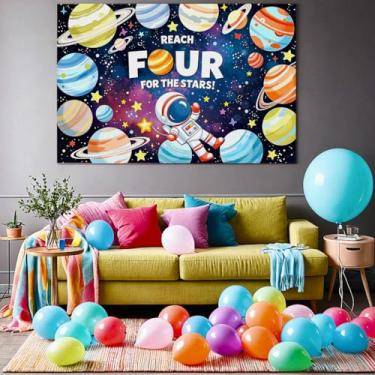 Imagem de Banner de celebração de aniversário astronauta espaço sideral decoração impressão planeta tema banner festa de aniversário para evento de férias decoração interna