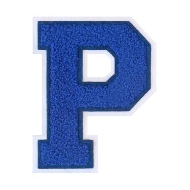 Imagem de 1 peça de patch de letra de chenille azul de 11,4 cm com borda branca – Remendos do alfabeto para roupas, jaquetas, mochilas, chapéus para decoração personalizada, nome personalizado e artesanato. (P)