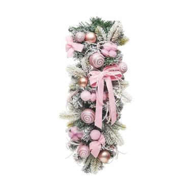 Imagem de rockible Guirlanda de Natal pré-iluminada para escada, enfeite em formato de lágrima para porta de entrada, Rosa