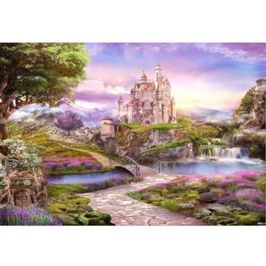 Imagem de Cenário de castelo de conto de fadas, ponte, lagoa, vegetação densa, arbustos de lavanda, decoração de fundo para fotografia, caminho, pedra, mistérios, castelo, montanhas, cachoeiras, fundos