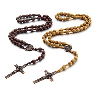Imagem de COLORFUL BLING 2 peças de colar de terço de contas de madeira natural, crucifixo e pingente católico, oração católica, Jesus Saint para homens e mulheres, joias religiosas artesanais, Madeira, madeira
