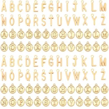 Imagem de Kzyzpi 208 peças/8 conjuntos de pingentes de letra prata inicial A-Z alfabeto metal prata kit para fazer joias, pulseiras faça você mesmo, colares e chaveiros (dourado)