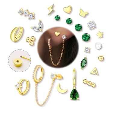 Imagem de 23 peças de brincos de ouro com costas planas para mulheres, hipoalergênicos, de aço cirúrgico, cartilagem para orelhas sensíveis, conjunto de brincos tragus para vários piercings, Adjustable, Aço