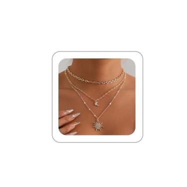 Imagem de BOOZIQ Colares de sol de ouro para mulheres, colares modernos de corrente em camadas, boêmio, estrela-do-mar, pingente de sol, colar grosso de moeda, colar gargantilha de sereia, bijuteria de