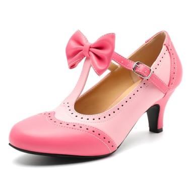 Imagem de Rjclyh Sapato feminino com tira em T Mary Jane Oxfords vintage laço médio salto gatinho lolita bico redondo sapato social para festa de casamento, rosa, 39
