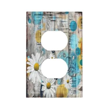 Imagem de BHGAHD Capas de tomada decorativas com margaridas brancas em um design de placa de madeira cinza, placa de cobertura de interruptor de luz duplex, placas de parede exclusivas para decoração de quarto