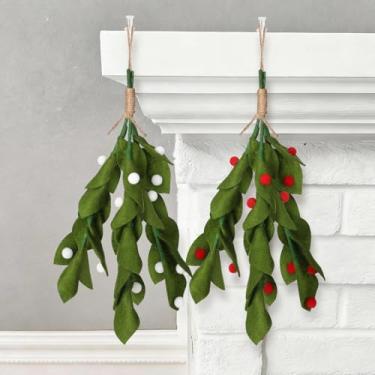 Imagem de HunnmingRe 2 peças de decorações de visco de Natal de feltro 19 cm enfeites artificiais de gota de visco beijando buquê pendurado com baga vermelha branca para árvore de Natal, lareira, portão, manto