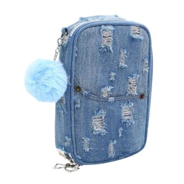 Imagem de Estojo Material Escolar Grande Jeans Divisórias Pompom Azul Reforçado Tendência Volta as Aulas Fofo