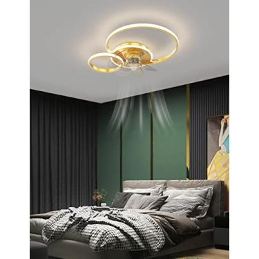 Imagem de Ventilador de teto LED com iluminação moderna em anel, dimerizável, ultra silencioso, com cúpula de acrílico e potência ajustável (dourado, 2 anéis, 53 W).