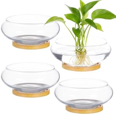 Imagem de 4 plantadores de tigela de lótus com bandejas de madeira, vaso de vidro redondo de 15 cm para hidroponia, design de aquário, ideal para decoração de casa, casamento e centro de mesa de festa (4 peças)