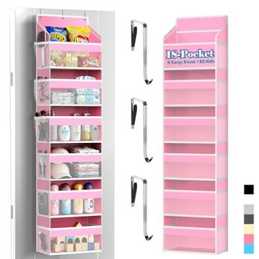 Imagem de PAULONE 1 organizador resistente sobre a porta, 6 grandes + 12 bolsos de malha com capacidade de 35,8 kg, armazenamento suspenso para sapatos, brinquedos, quarto e armário - rosa