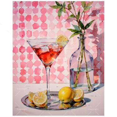 Imagem de Kit de tinta de coquetel por números para adultos – Copo de Martini DIY com pintura de limões em tela 40,6 x 50 cm, conjunto de tinta acrílica emoldurada, adequado para iniciantes, arte de cozinha