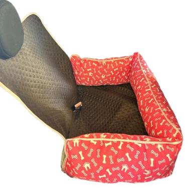 Imagem de Cama Pet 2 em 1 com Protetor de Banco Traseiro Veicular, Estampado, Microfibra Matelada Impermeável, Pequeno, 60x50x20cm, com Elástico e Zíper, para Cães (Vermelho)