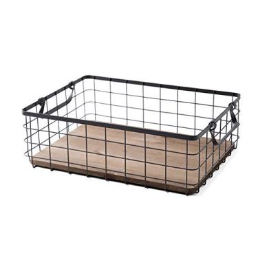 Imagem de Cesta de armazenamento de arame de aço inoxidável elegante e resistente com base de madeira e 2 alças Cestas versáteis de alimentos de cozinha para armazenar lanches, cereais enlatados