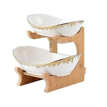 Imagem de ZJYWMM Cesta de frutas de cerâmica 2 andares, conjunto de etágere de frutas para decoração de mesa (prateleira feita de bambu e madeira * 1, tigela de cerâmica * 2), para armazenamento de bolo de