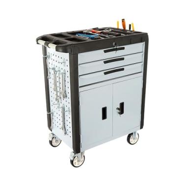 Imagem de JYXYXSCP Caixa de ferramentas de rolamento com rodas, caixa de ferramentas de gaveta 2/3 com armário inferior, baús e armários de ferramentas, com painéis suspensos laterais e prateleira de