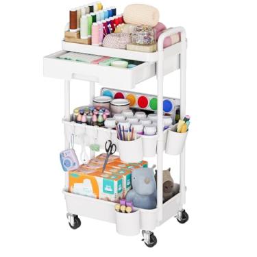 Imagem de Carrinho de plástico de 3 camadas com gaveta, organizador de carrinho de arte branco de três camadas em rodas com trava, carrinhos utilitários de armazenamento com gavetas e roda para suprimentos de