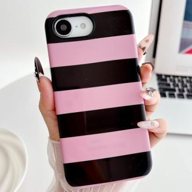 Imagem de HYUEKOKO Capa de telefone com listras horizontais para iPhone 16e, linda moda retrô listrada padrão de linha, capa estética, TPU macio e fino e policarbonato rígido à prova de choque para meninas
