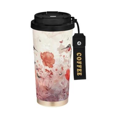 Imagem de SEHANY Caneca de café de viagem Flores e pássaros de 482 g com tampa revestida de cerâmica e à prova de vazamento, parede dupla, copo de aço inoxidável isolado a vácuo para bebidas quentes e frias