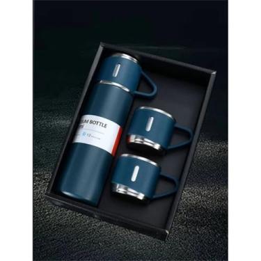 Imagem de Kit Garrafa Térmica Inox 500ml + 3 Canecas Térmicas Vacuum Bottle Bebidas Quentes e Frias (azul)