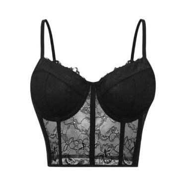 Imagem de Top Cropped Feminino Preto De Malha Transparente Com Efeito Push-Up, E