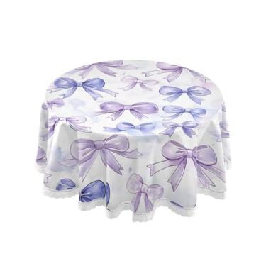 Imagem de SEHANY Toalha de mesa redonda em aquarela roxa com laço de 152 cm, tecido lavável sem rugas, toalha de mesa decorativa de renda para restaurante, casamento, acampamento, festa de cinco de maio
