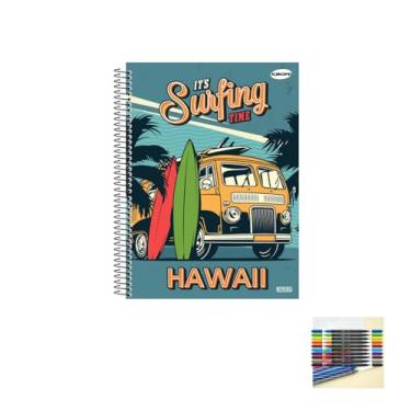 Imagem de Kit Caderno Masculinos 1 Matéria Capa Dura com 96 Folhas + Caneta Esferográfica Sortida + Marcador Artístico Brush