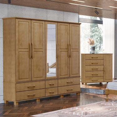 Imagem de Conjunto Quarto: Guarda-roupa 5 Portas, Cômoda Sapateira 5 Gavetas Freijó Ouro Madeira Pinus - Finestra